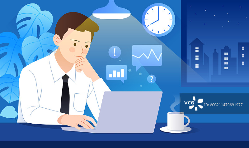 夜晚年轻男人男性坐在办公室桌子前面对电脑思考上网加班分析经济金融数据和室内时钟吊灯等办公场景扁平插画图片素材