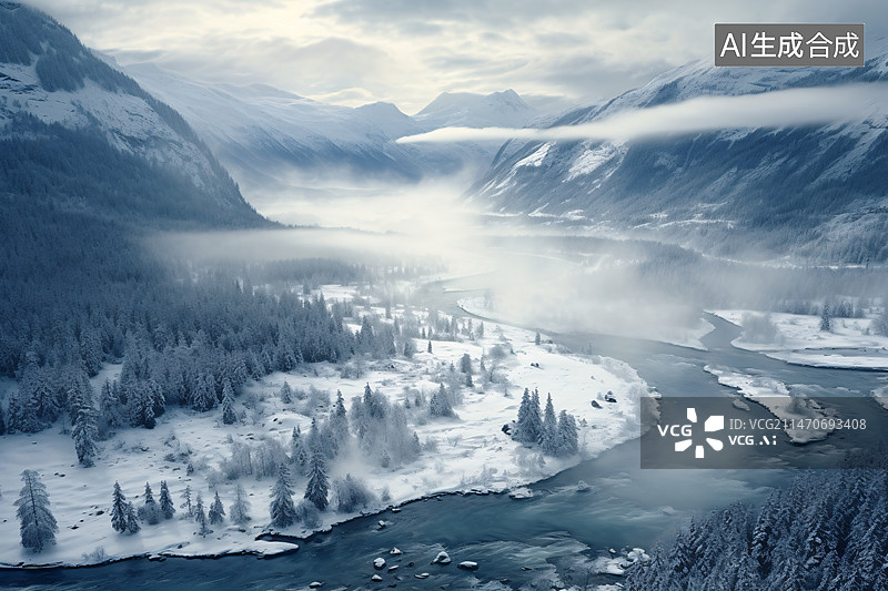 【AI数字艺术】冬季积雪覆盖的森林景观鸟瞰图图片素材