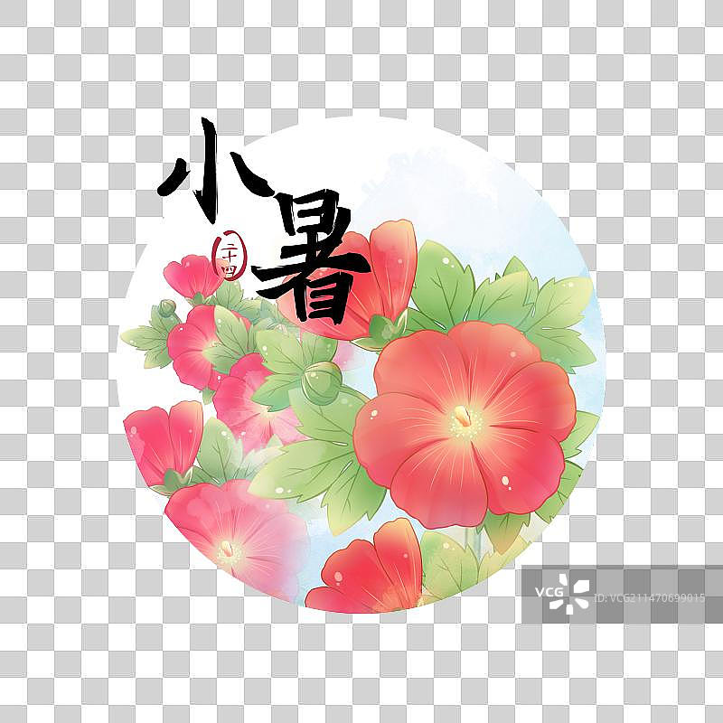 小暑——蜀葵，清新水彩二十四节气花卉圆形免扣元素图片素材
