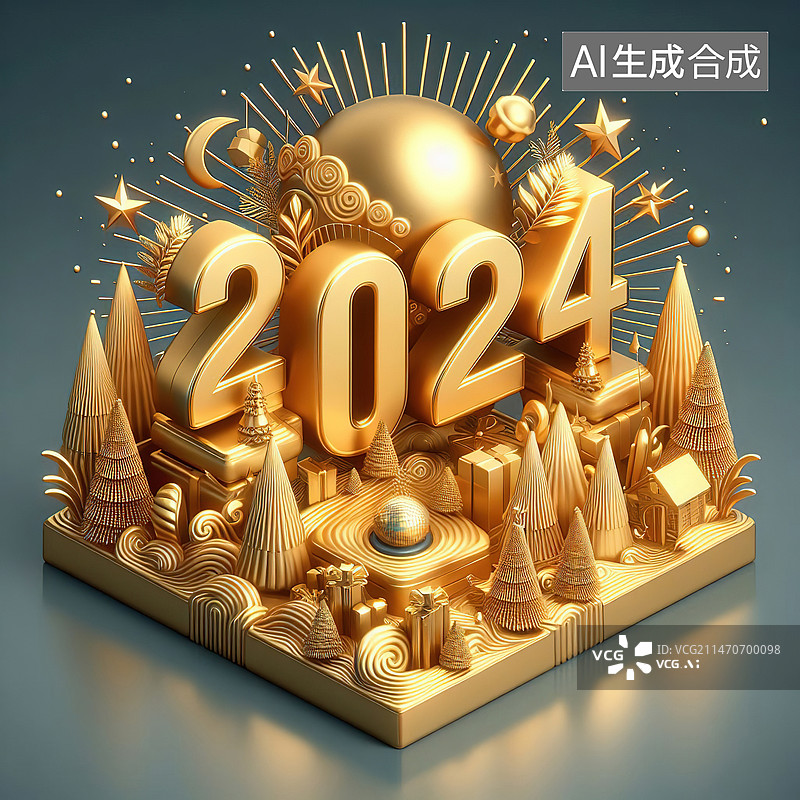 【AI数字艺术】金色2024年艺术字，金色文字图片素材