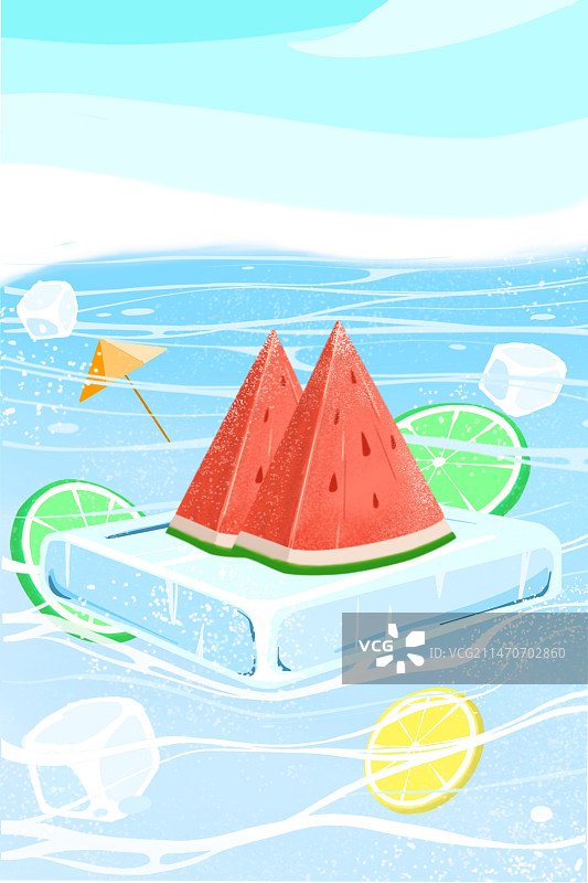 夏日冰块西瓜柠檬海浪扁平小清新插画图片素材