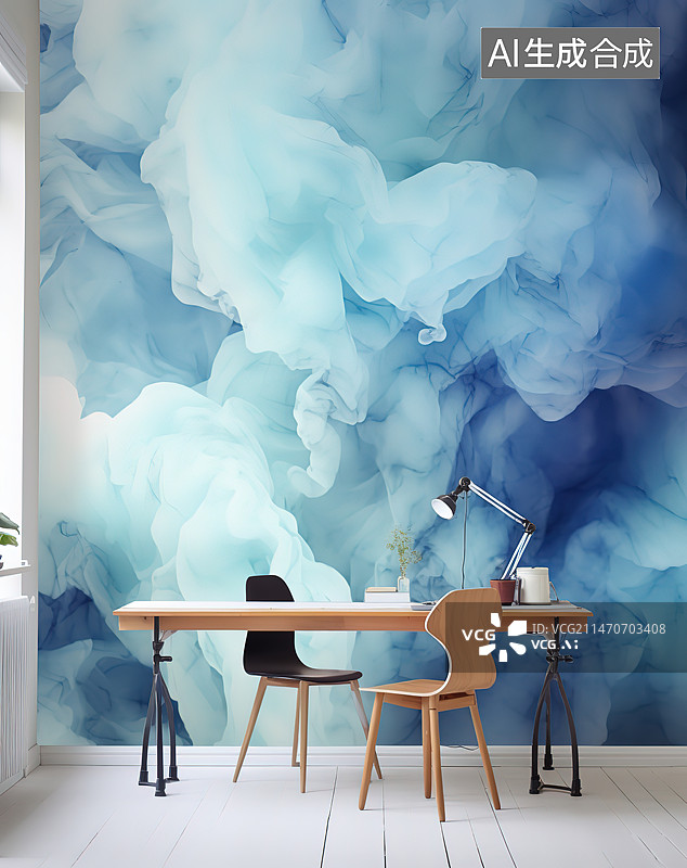 【AI数字艺术】蓝色背景下的桌子和桌子上的书的特写镜头图片素材