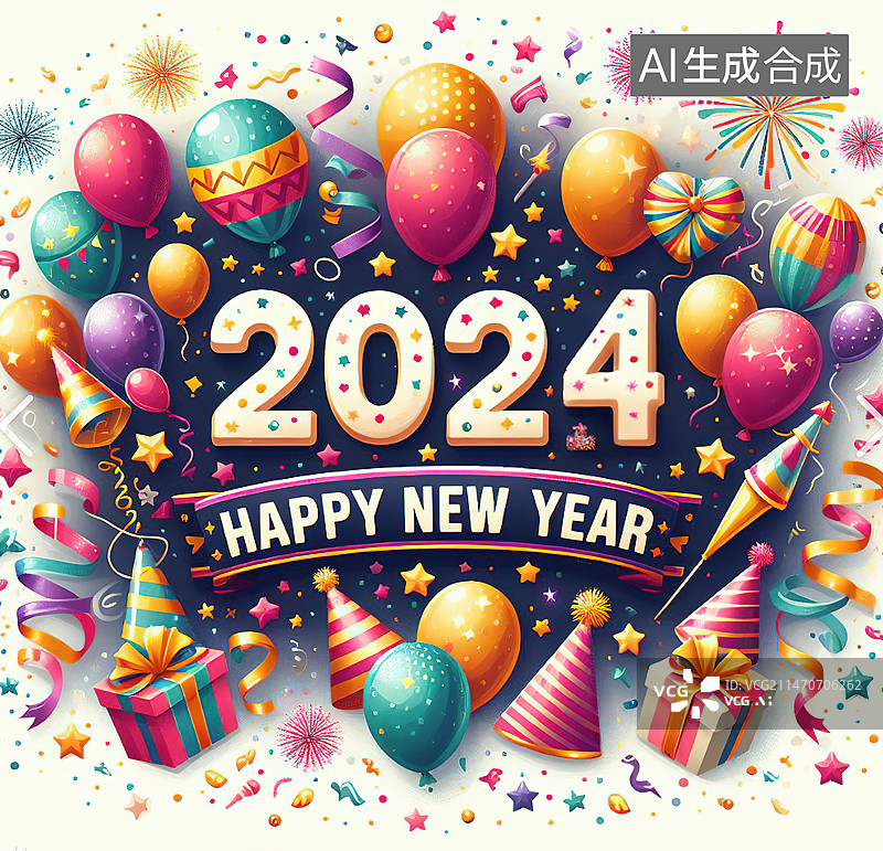 【AI数字艺术】2024年卡通插画艺术字，新年快乐图片素材