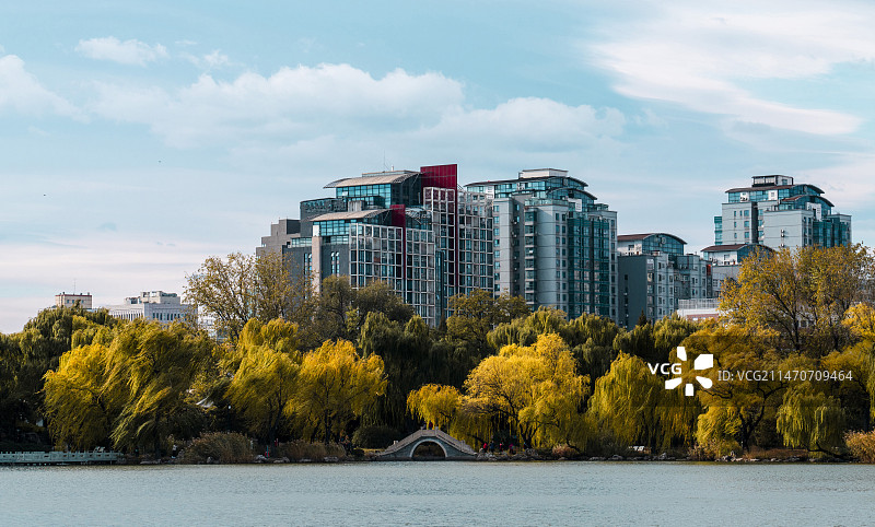 城市中的树木和建筑物顶着天空-紫竹院公园图片素材