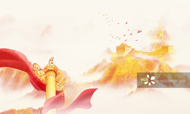 手绘长城华表插画背景 万里长城国画山水画图片素材