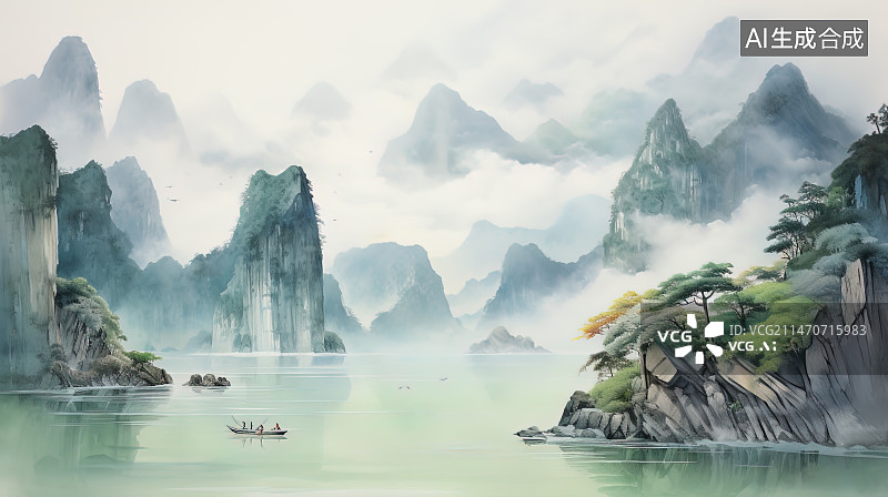 【AI数字艺术】国风插画_青山绿水图片素材