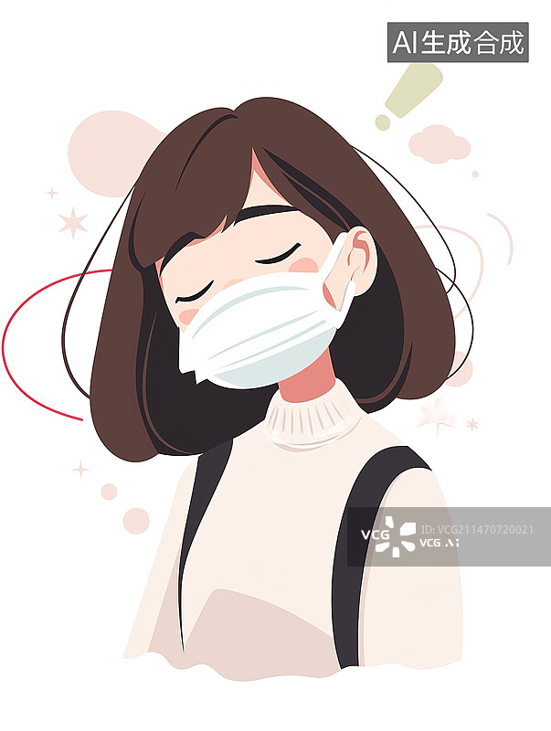 【AI数字艺术】戴口罩的女孩卡通形象图片素材