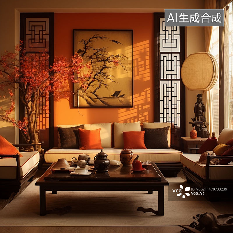 【AI数字艺术】暖色调的客厅图片素材