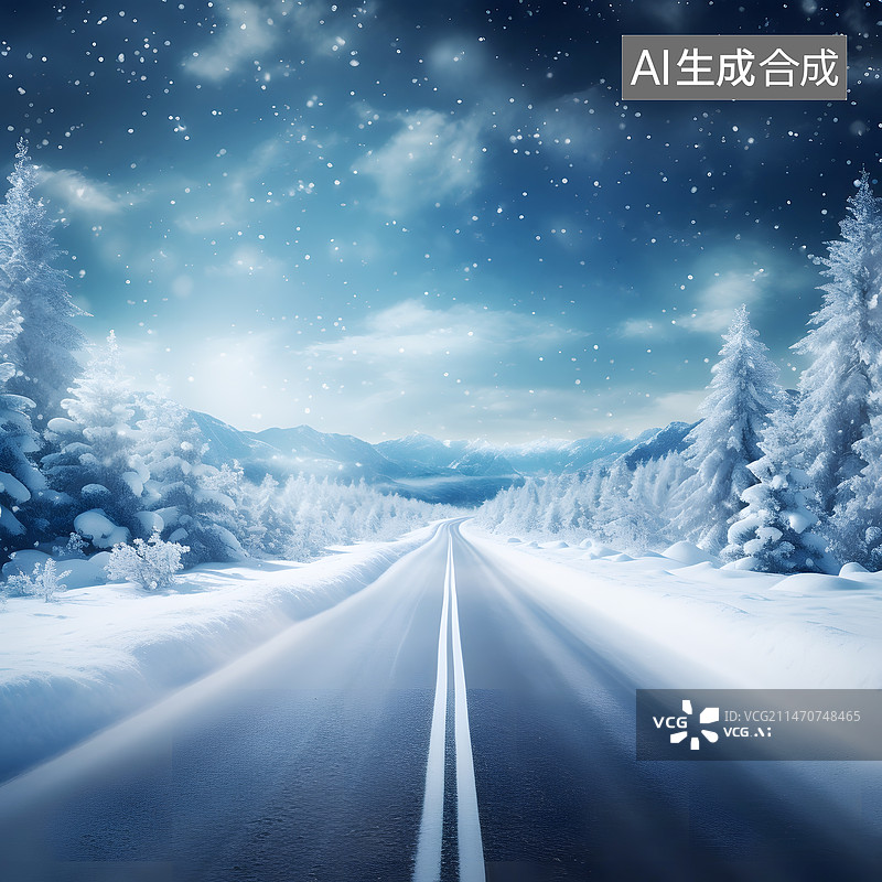 【AI数字艺术】AIGC:下雪天的公路，汽车广告背景，插图。图片素材