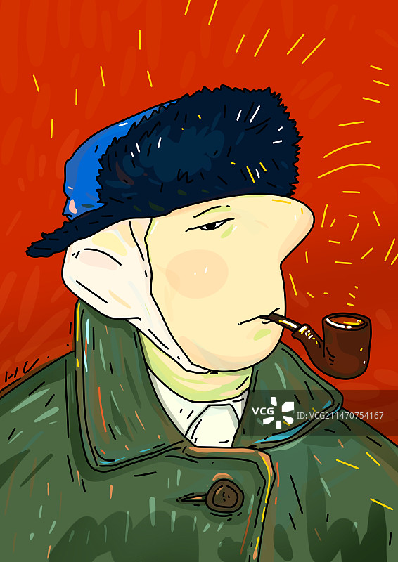 耳朵上扎绑带叼烟斗的自画像，文森特·威廉·梵高世界名画卡通抽象人像插画设计美学系列插画图片素材