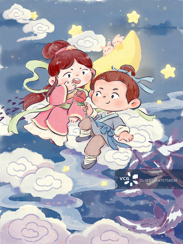 牛郎织女七夕在鹊桥相会图片素材