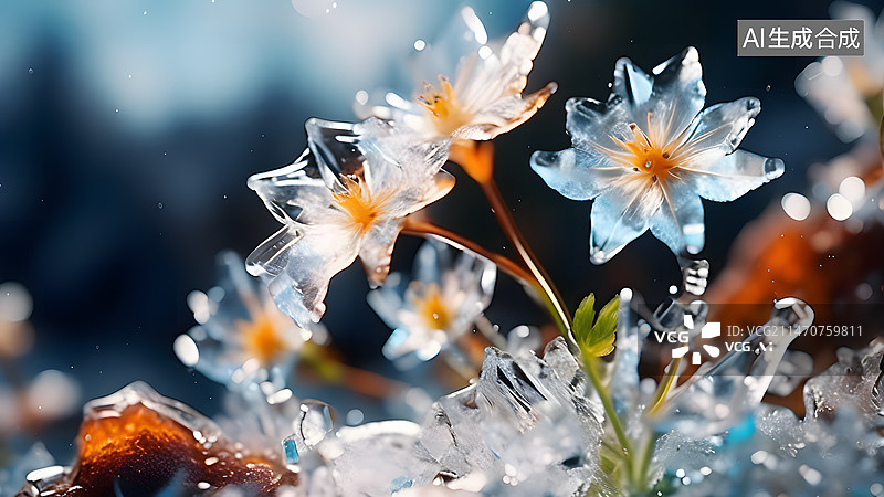【AI数字艺术】寒冷的冬天冰凝结成冰花图片素材