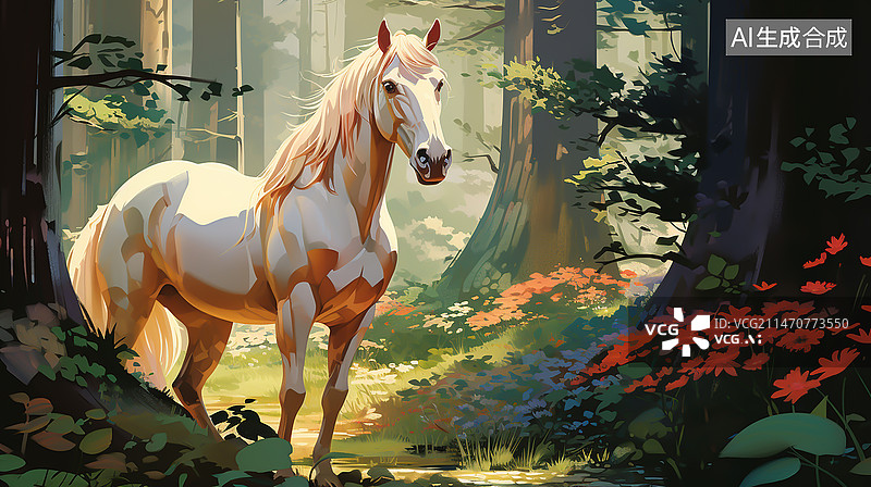【AI数字艺术】森林中的一匹白马图片素材