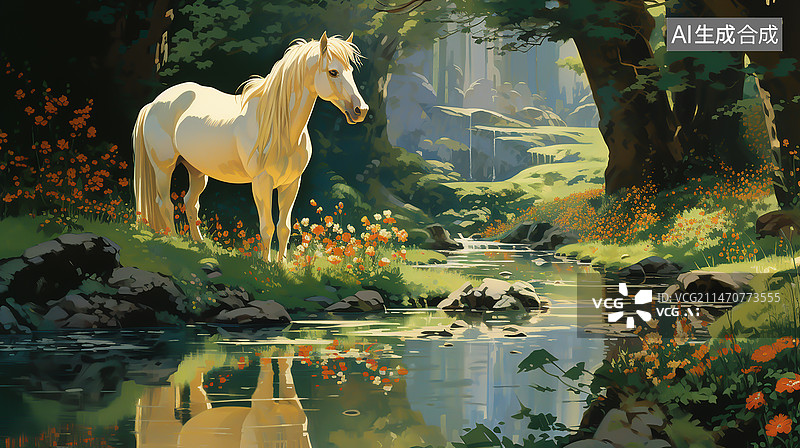 【AI数字艺术】森林中的一匹白马图片素材