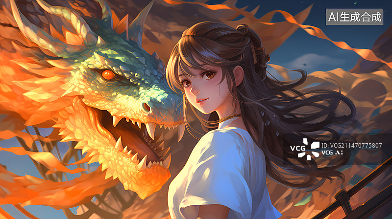 【AI数字艺术】少女和龙插画图片素材