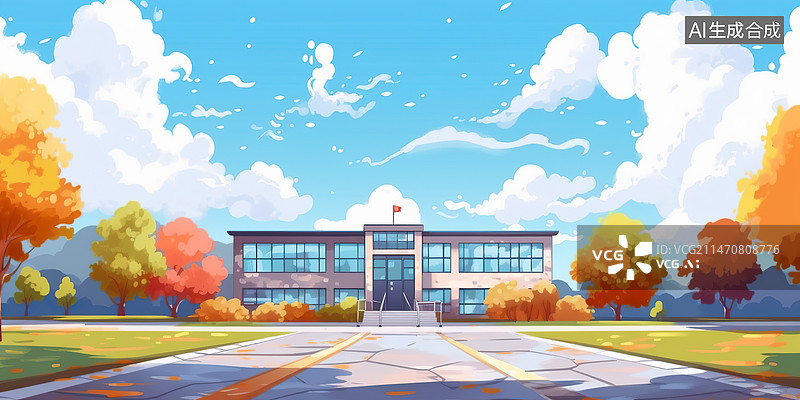 【AI数字艺术】蓝天白云下的校园图片素材
