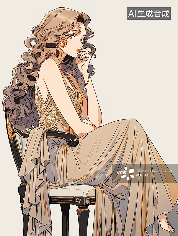 【AI数字艺术】一个坐着的卷发美女穿着晚礼服图片素材