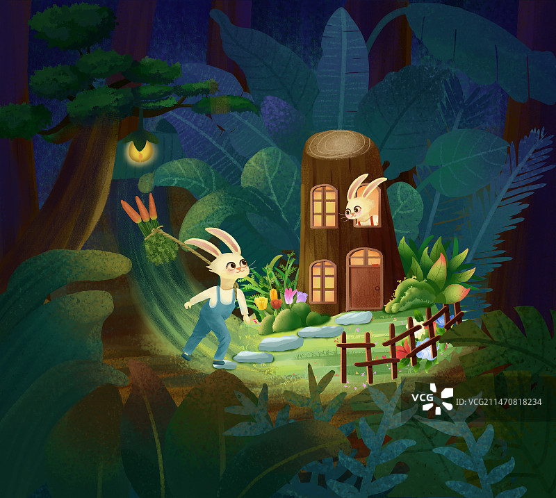 儿童插画-植物和兔子图片素材