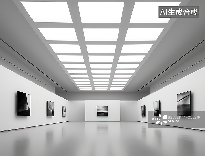 【AI数字艺术】美术馆里的黑色空白画框图片素材