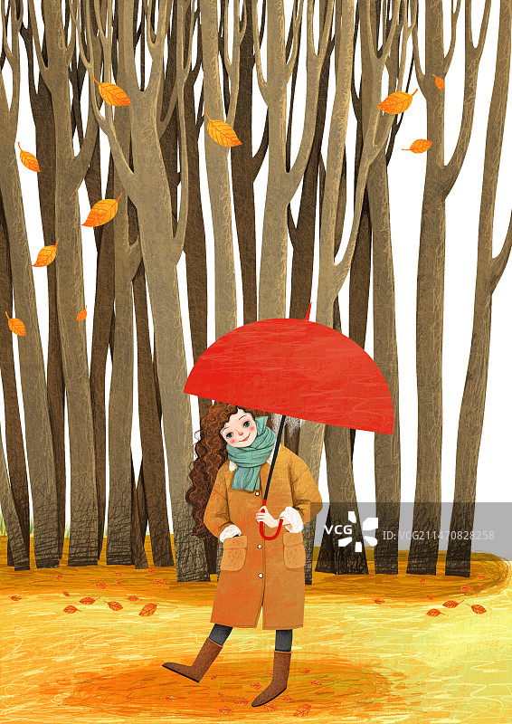 唯美可爱的人物插画 树林里打着红伞的女子图片素材