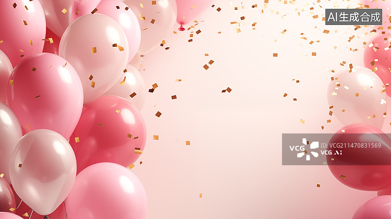 【AI数字艺术】粉色金色气球和五彩纸屑情人节生日庆祝背景场景图片素材