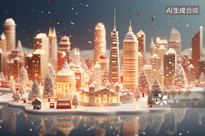 【AI数字艺术】圣诞剪纸城市节日氛围场景图片素材