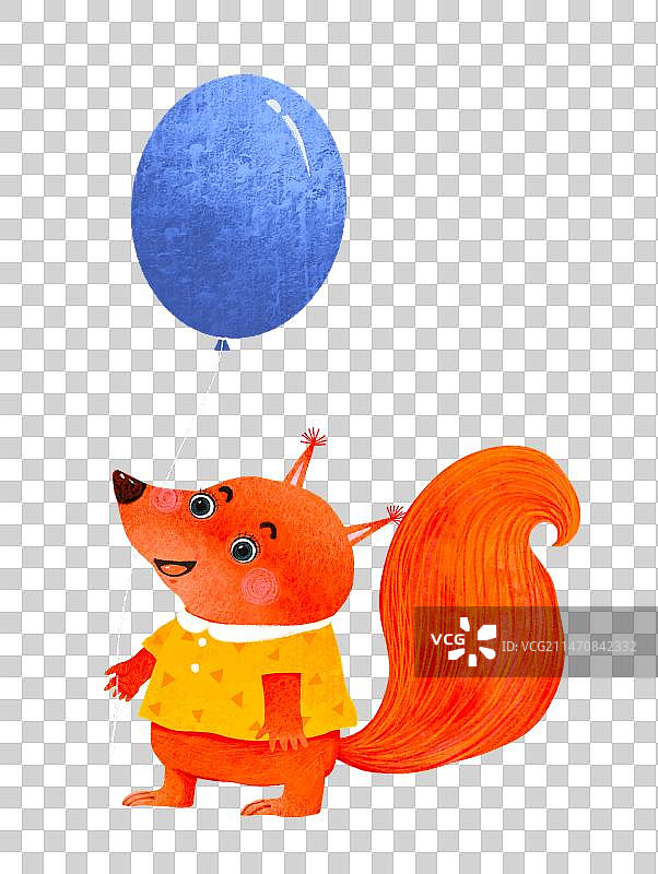 PNG免抠动物插画：牵着蓝色气球的红松鼠图片素材