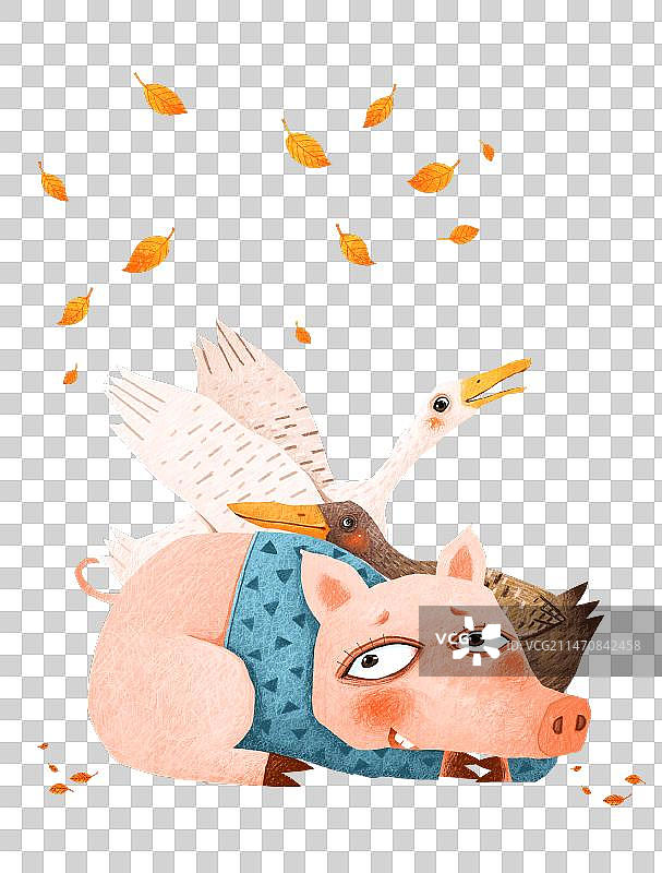 PNG免抠动物插画：趴在地面的猪和两只鸭图片素材