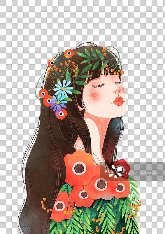 PNG免抠人物插画：闭着眼睛的漂亮女生图片素材