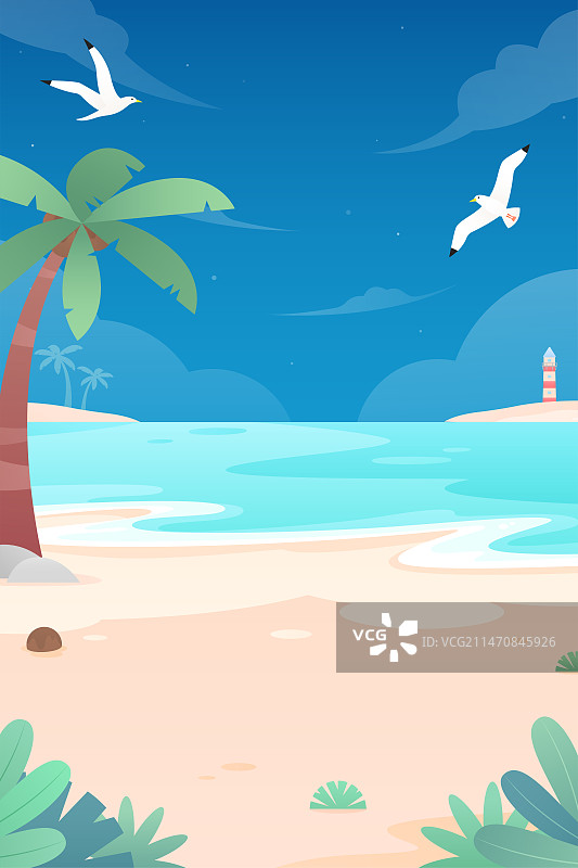 夏天夜晚海边沙滩背景插画图片素材