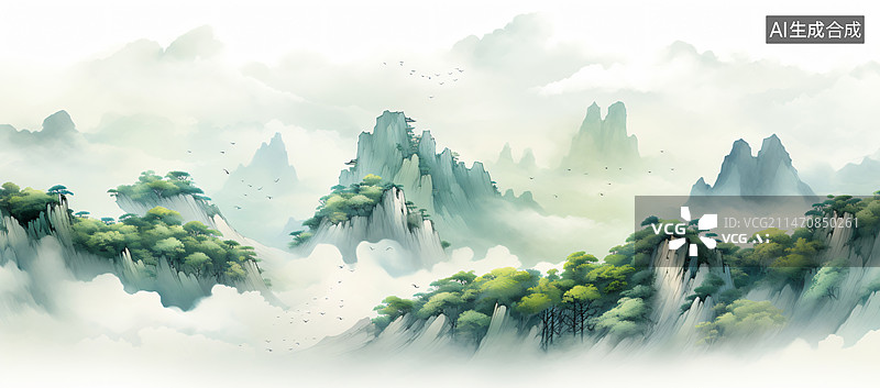 【AI数字艺术】国风绵延群山 山水插画图片素材