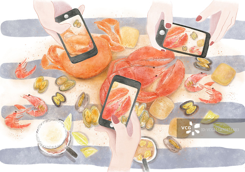 拿着手机拍摄海鲜大餐水彩美食插画图片素材