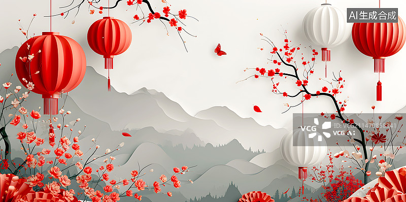 【AI数字艺术】节日里悬挂的红色灯笼剪纸衍纸风图片素材