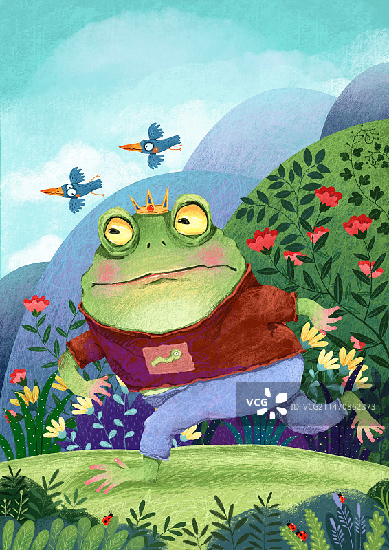 在树林上奔跑的青蛙王子 萌趣可爱的动物儿童插画图片素材