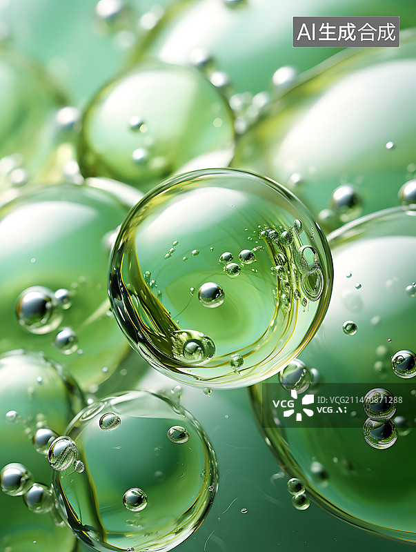 【AI数字艺术】表面有液滴的绿色背景，绿色背景上带有透明美容凝胶滴图片素材