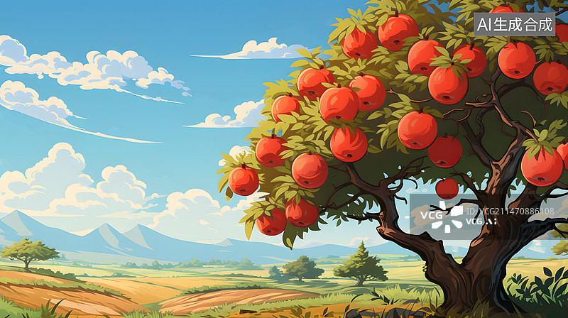 【AI数字艺术】AIGC:红彤彤的苹果树 插画 背景图片素材