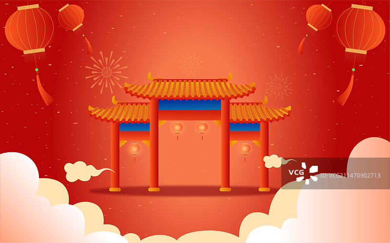 新年贺新春节日庆典石牌坊烟花跨年电商插画矢量海报图片素材