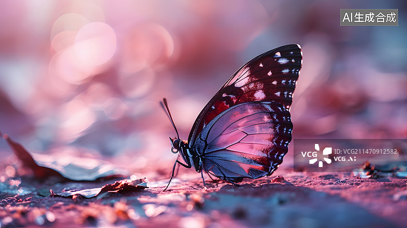 【AI数字艺术】栖息在地上彩色蝴蝶粉色背景图片素材