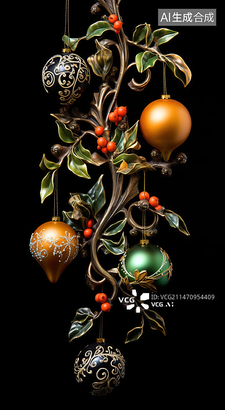 【AI数字艺术】黑色背景下悬挂的圣诞装饰品特写镜头图片素材