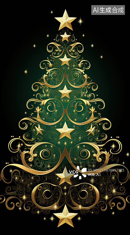 【AI数字艺术】黑色背景下圣诞树的特写镜头图片素材