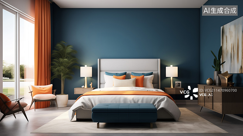 【AI数字艺术】柔和色彩，现代风格的卧室图片素材