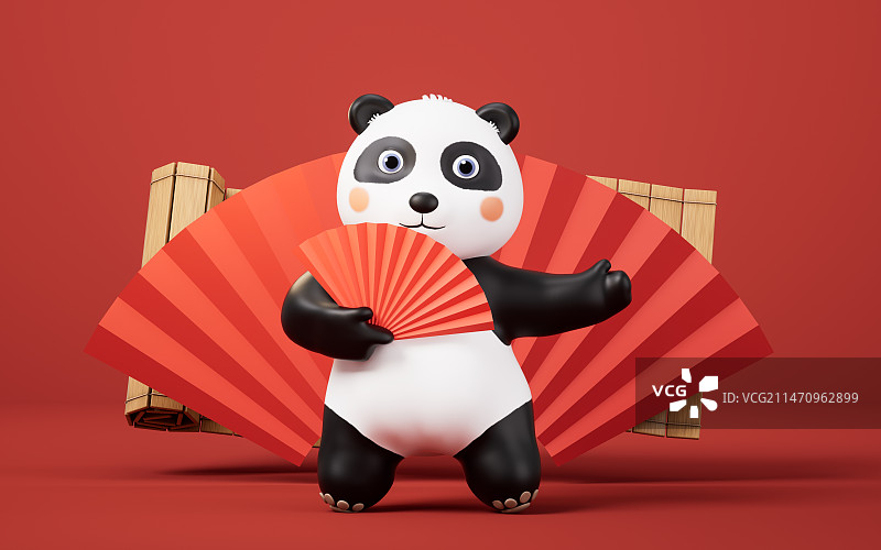 卡通熊猫拿着一笼包子3D渲染图片素材