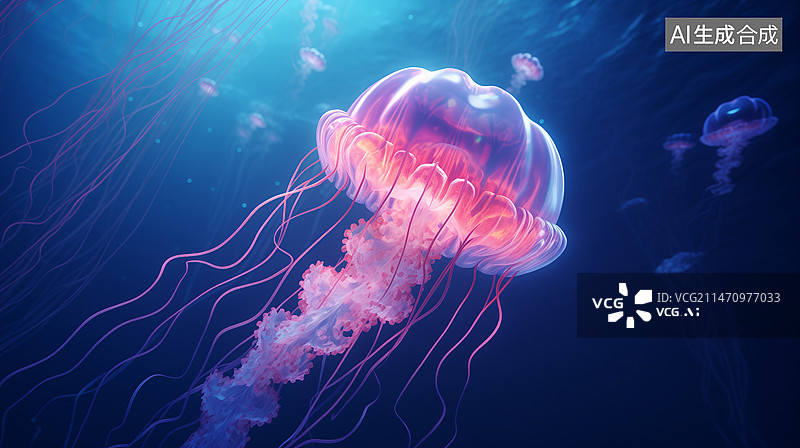 【AI数字艺术】水母在海里游泳的特写镜头图片素材