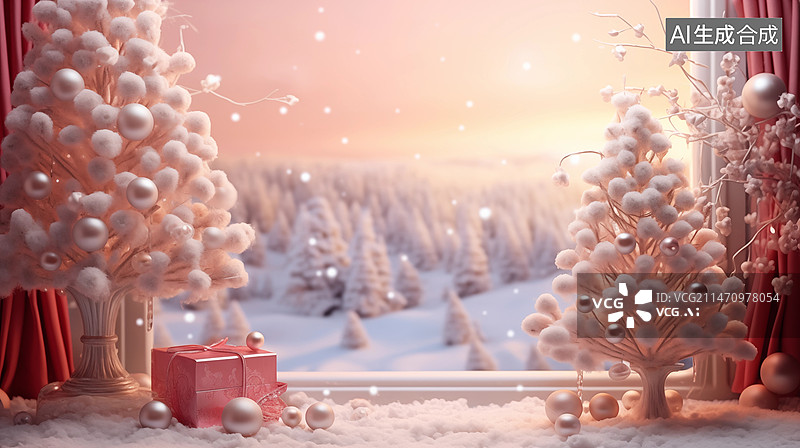 【AI数字艺术】雪地里的圣诞树背景图片素材