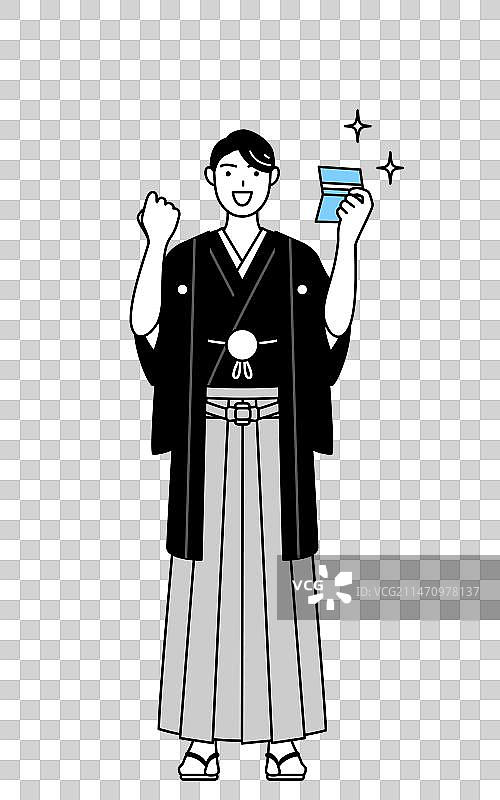 身穿带家徽的袴的男子，面带喜色图片素材