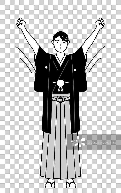 身穿和服家纹做广播的男人图片素材