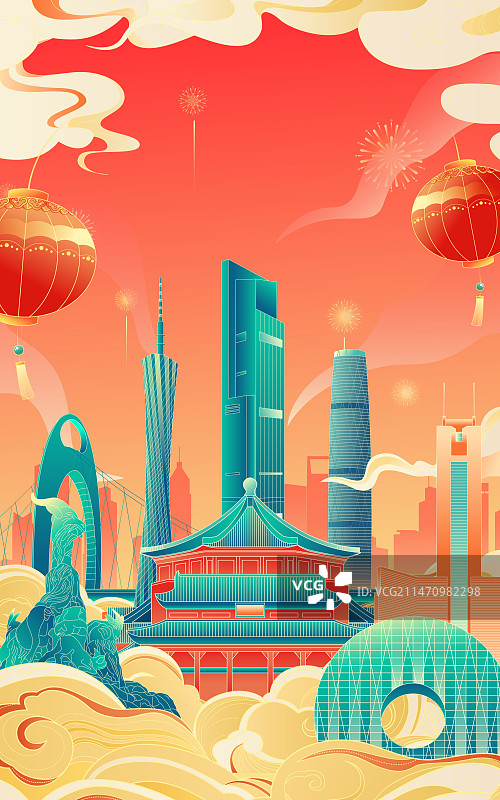 国风2024龙年元旦新年广州城市建筑矢量插画图片素材