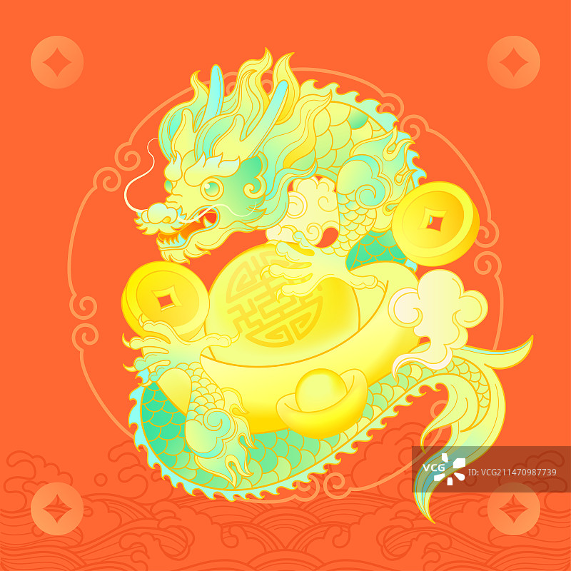 中国龙金元宝招财进宝财富国潮插画图片素材