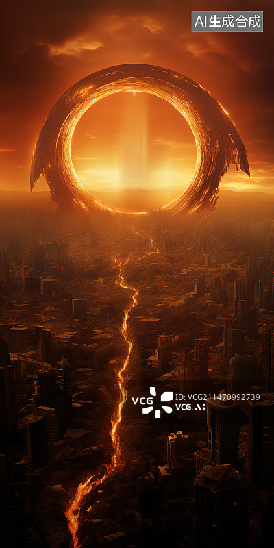 【AI数字艺术】日落时建筑物对天的高角度视图图片素材