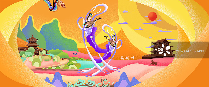 敦煌 飞天 月牙泉 建筑 城楼 沙漠 骆驼图片素材